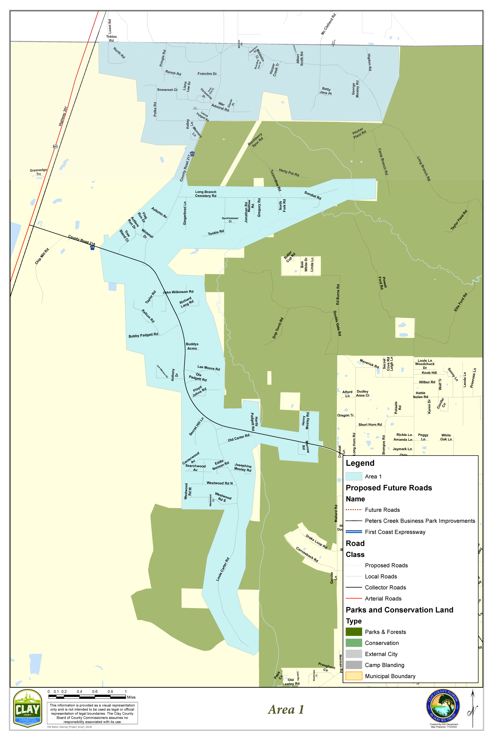 Map of Area 1 of Phase 1, Clay Hill of the County's Broadband project